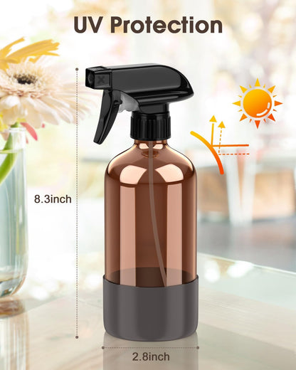 Bontip Glass Spray Bottle with Silicone Sleeve Protection, Amber Glass Spray Bottle Set for Window Cleaner Aromatherapy Facial Hydration Watering Flowers Hair Care 2 Pack/16 oz (Black & Brown)