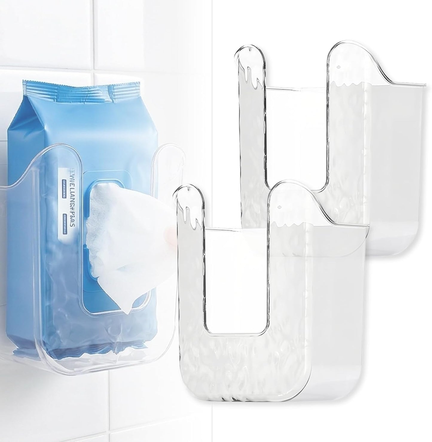 2 Pcs Acrylic Bathroom Wipes Holder, No Punching Wall Mounted Flushable Wipes Dispenser for Bathroom & Kitchen - Clear Wipes Container, Refillable Tissue Box Storage