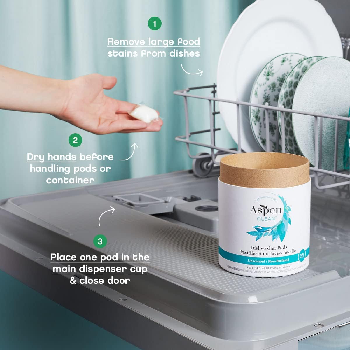 AspenClean | Unscented Dishwasher Pods | Cuts Grease and Grime | Zero Plastic | Non - Toxic | 100% Natural Dishwasher Detergent | EWG Verified - 28 Count