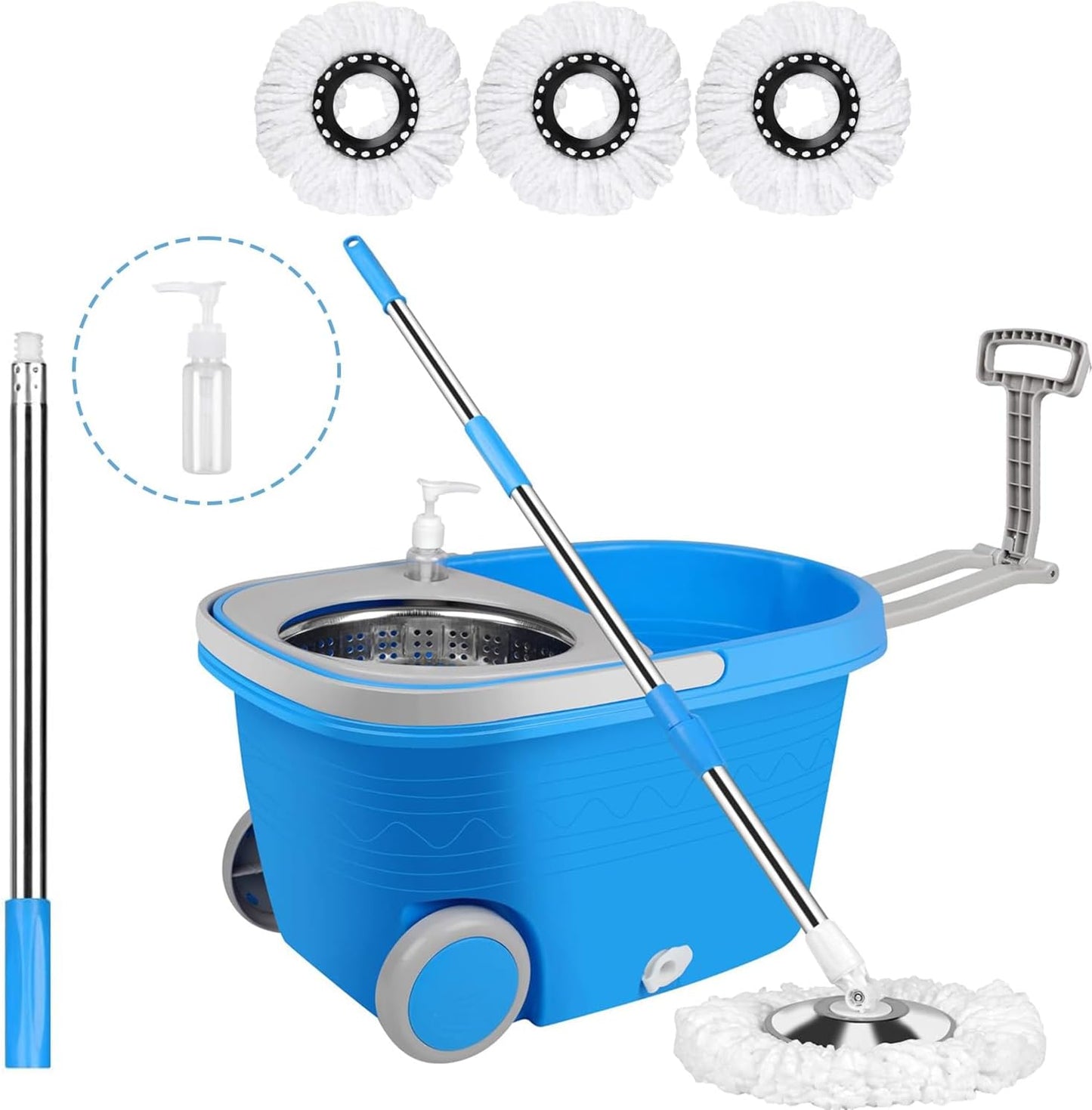 Spin Mop and Bucket with Wringer Set,for Floor Cleaning,with Floor Scrub Brush,61" Adjustable Handle and 6 Microfiber Mop Head(White)