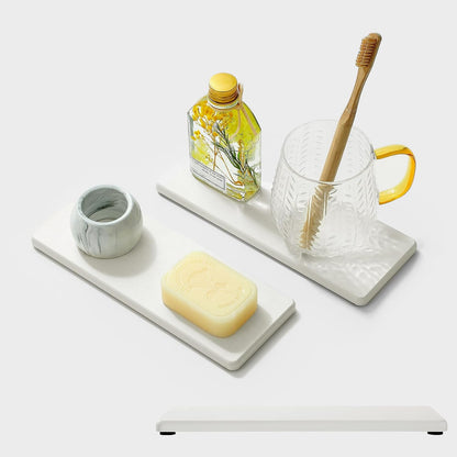 2PCS Water Absorbing Stone Drying Tray for Kitchen Counter & Bathroom Sink, Diatomite Faucet Splash Guard, Soap Dispenser Rack & Sponge Holder Caddy Organizer, Marble White (Printed Pattern), 9"x 3.5"