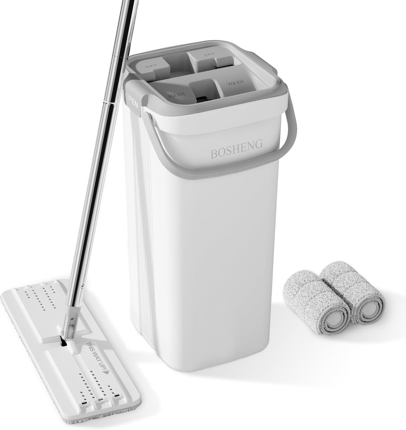 BOSHENG Mop and Bucket with Wringer Set, Flat Floor Mop and Bucket, with 3 Microfiber Mops for Floor Cleaning, Wet and Dry Use for Household Cleaning - White