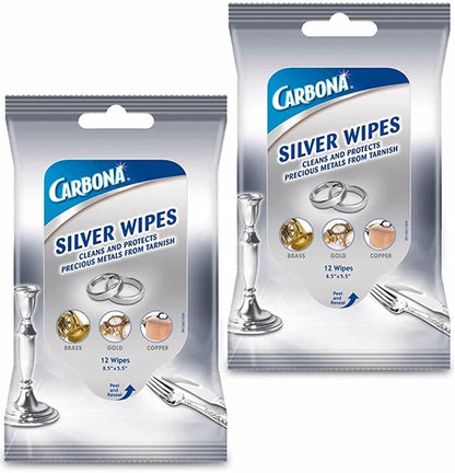 Carbona Silver Wipes | Metal Cleaner & Polish | 12 Wipes, 1 Pack