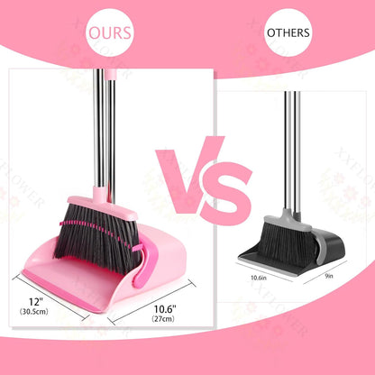 Broom and Dustpan Set, Dustpans with Broom Combo for Home, Heavy Dust Broom and Dustpan Combo, Long Handle Dust Pan and Broom Set for Kitchen, Office, Pet Hair,Beige, Pack of 1