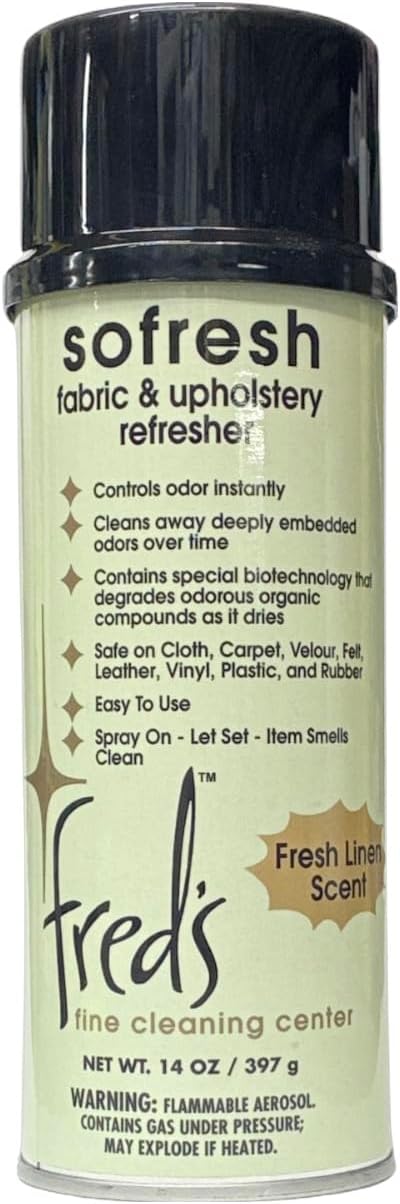 Fred's Fine Cleaning Center Sofresh Fabric and Upholstery Refresher - Odor Eliminator, Fabric Freshener for Couch, Carpet, Rugs, 14 Ounce, Natural Scent, Spray