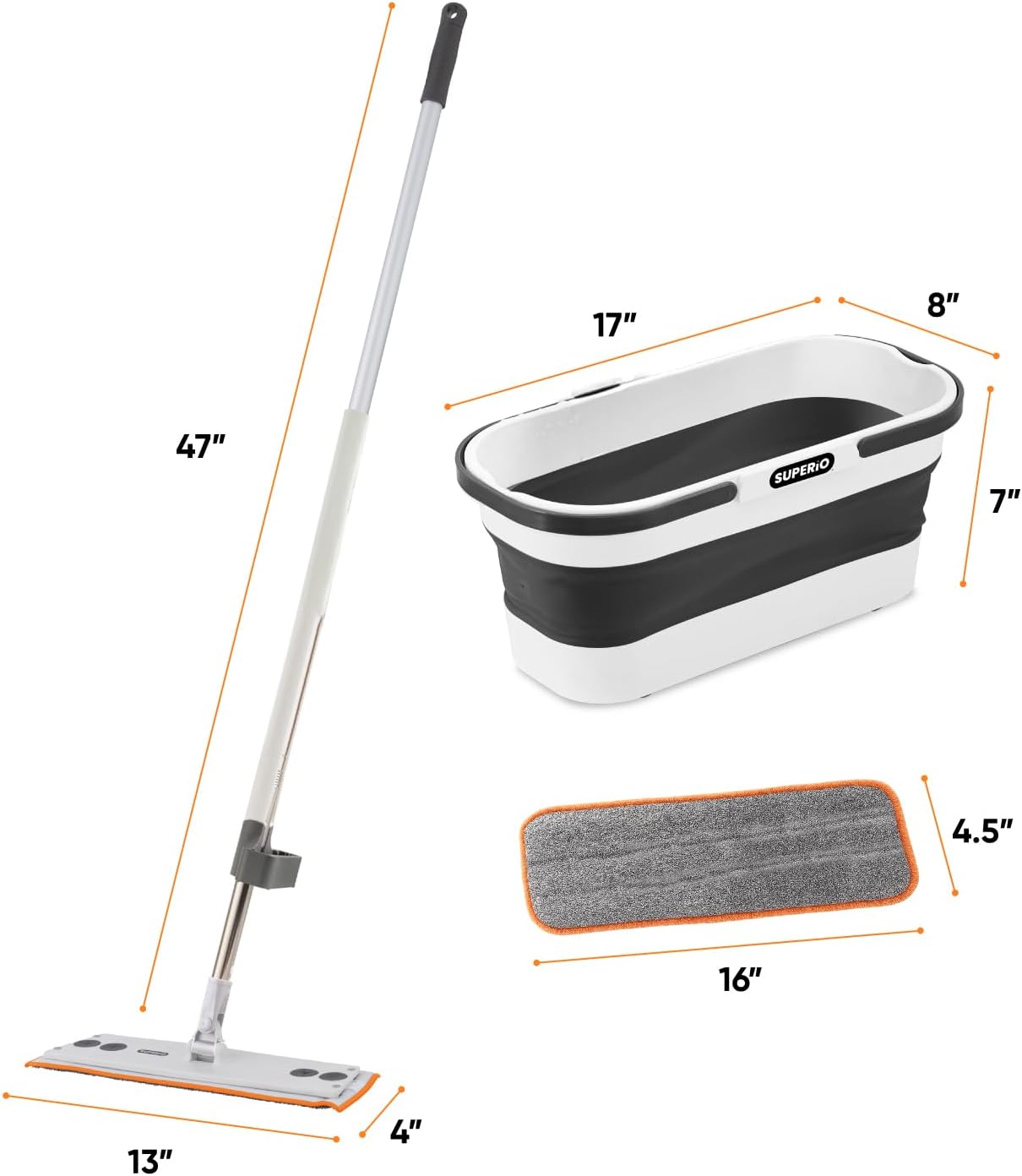 Superio Fold N' Go 10L Collapsible Mop Bucket with Wheels, Self-Wringing Microfiber Flat Mop & 8"x4.5" Reusable Pad - Portable, Hands-Free Cleaning Set for Home & Outdoor Use
