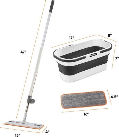 Superio Fold N' Go 10L Collapsible Mop Bucket with Wheels, Self-Wringing Microfiber Flat Mop & 8"x4.5" Reusable Pad - Portable, Hands-Free Cleaning Set for Home & Outdoor Use
