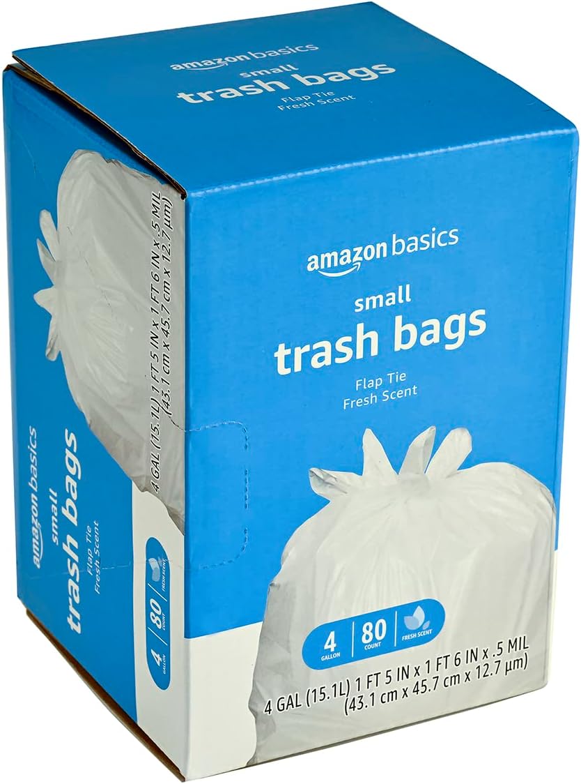 Amazon Basics Small 4 Gallon Trash Bags with Flap Ties, Fresh Scent, Odor Control, 0.5 mil Thick, 80 Count