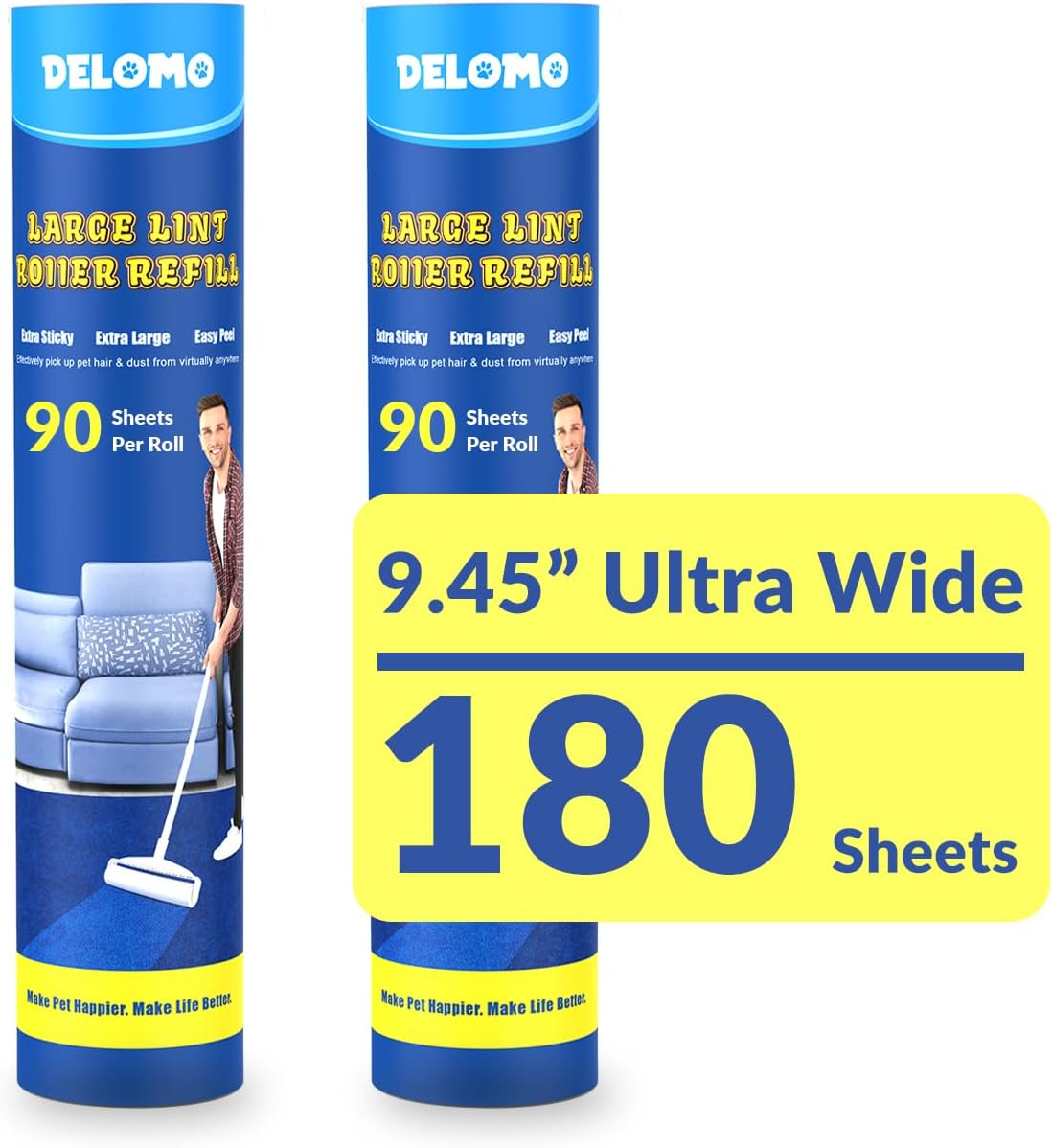 Large Lint Rollers for Carpet: Sticky Rollers for Floor DELOMO 9.45 in with 3 Extendable Handle, Long Handle Sticky Mop for Cleaning Carpets, Cars, Bedding, Couches, and Pet Hair - for Pet Homes