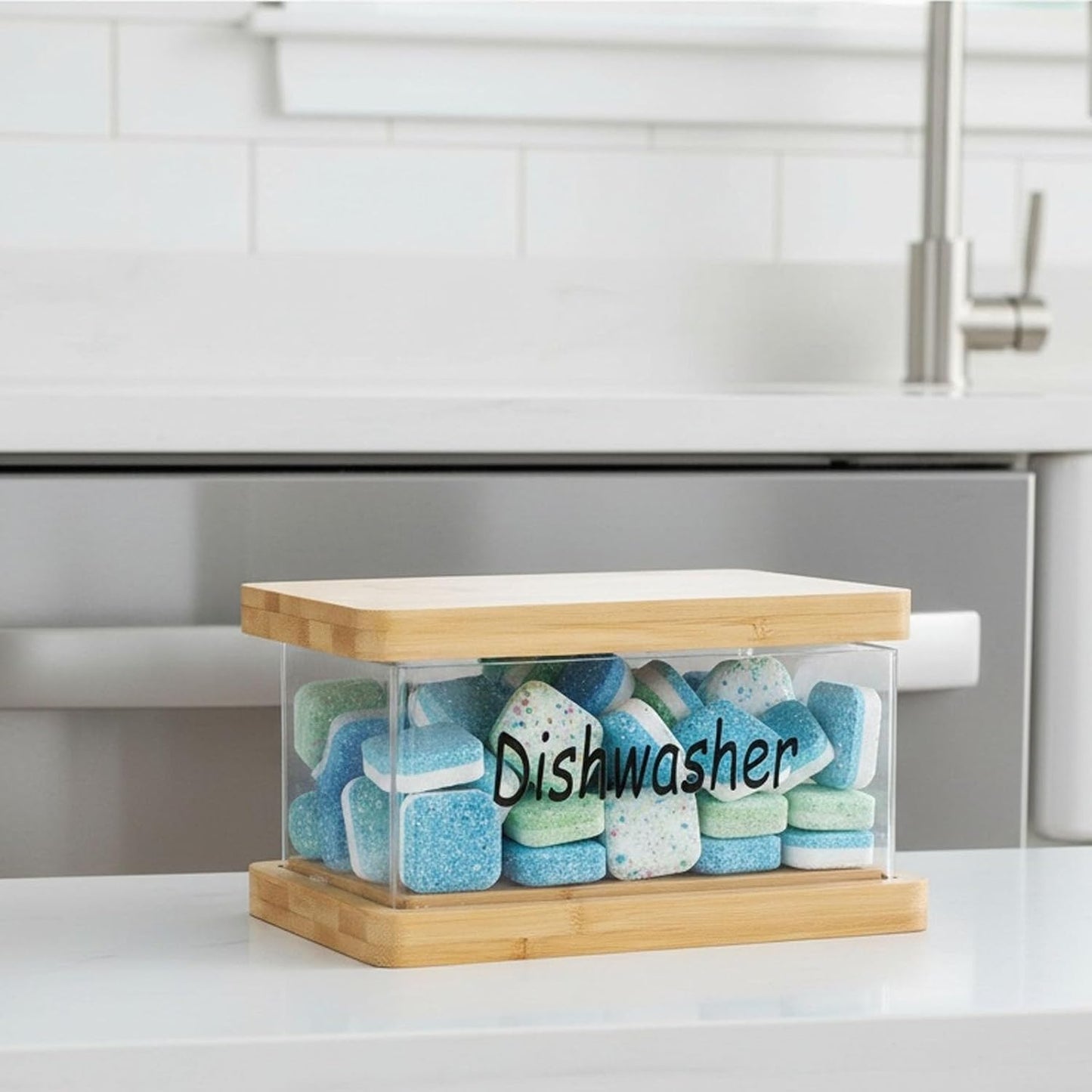 Laundry Pods Container With Bamboo Lid And Base, Clear Detergent Pod Holder For Laundry Room Organization, Dishwasher Tablet Storage Box, Countertop Capsule Dispenser For Kitchen Or Utility Shelf