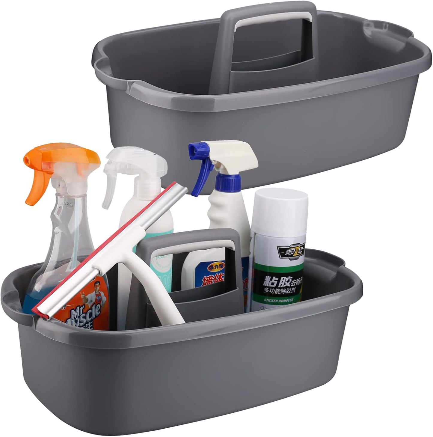 Cleaning Supplies Caddy, Household Tools Organizer with Handle, Large Plastic Bucket, Portable Shower Basket Tote, Gray