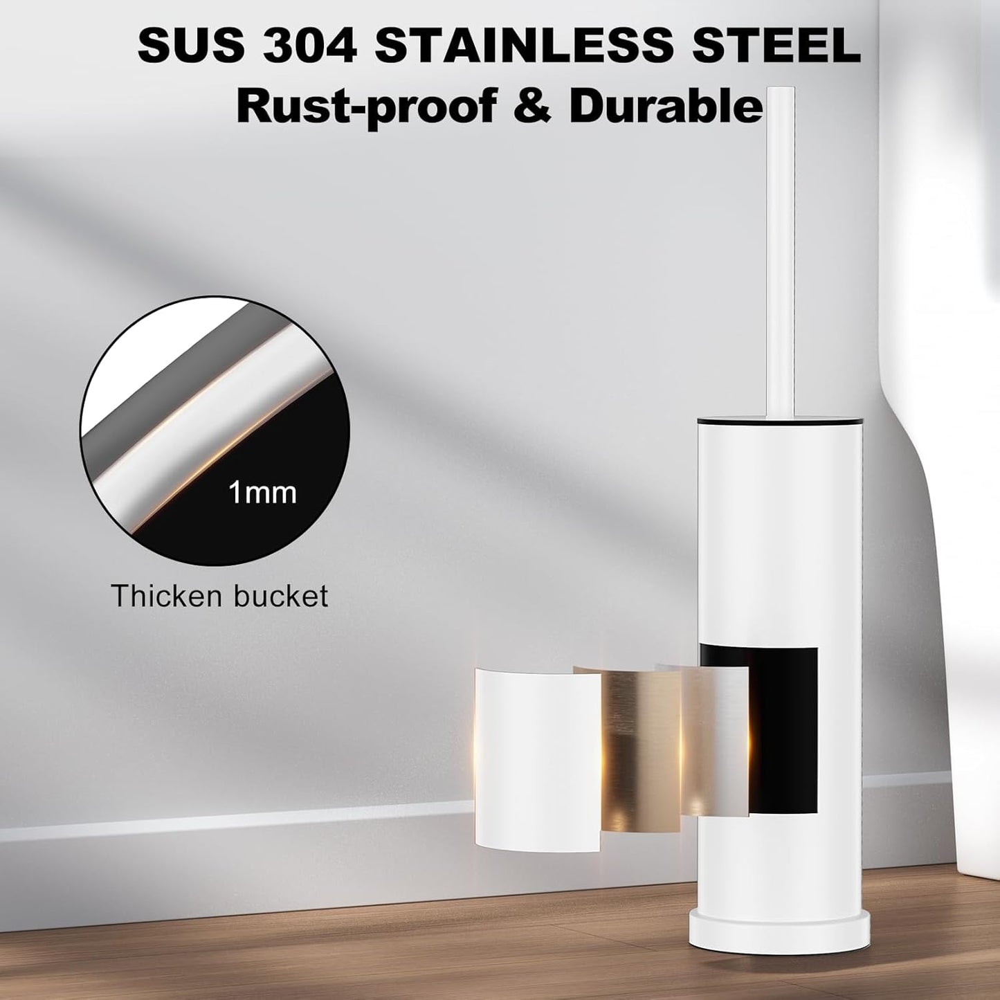 Bronze Toilet Brush and Holder Set，Stainless Steel Heavy Duty Toilet Bowl Brush，Extra Long Handled Modern Toilet Cleaner Brush, Removable Inner Bowl, and Splash Protection