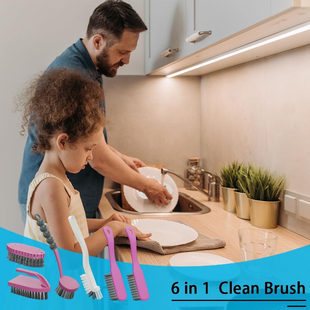 6 PCS Cleaning Brush, Scrub Brush Set for Kitchen and Bathroom Household Use with Various Brushes for Cleaning Dishes, Tiles, Corners and Floors
