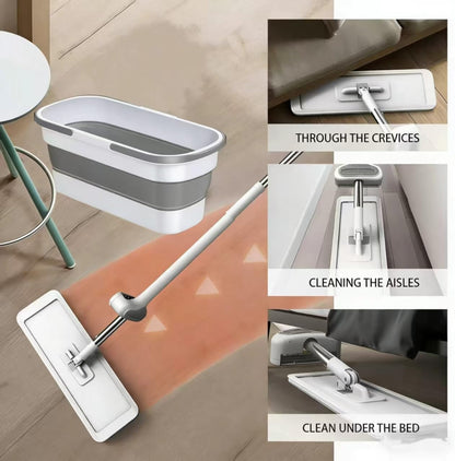 Large Flat Mop and Scalable Bucket with Wheels, 360 Rotating Microfiber Dust Mop with Dewatering Scraper, 54" Adjustable Stainless Steel (1 Mop + 4 Microfiber Pads + 1 Bucket)