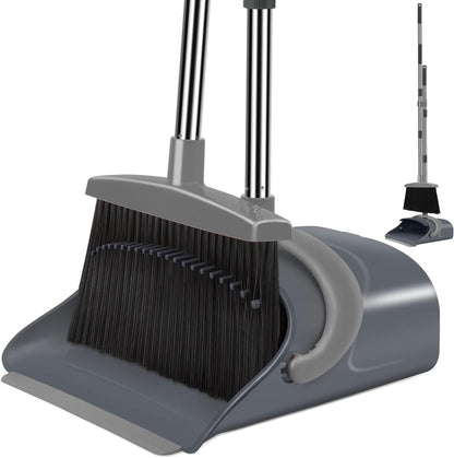 Ivandar Broom and Dustpan Set for Home, Broom and Dustpan Combo for Office, Long Handle Broom with Upright Standing Dust pan,Indoor&Outdoor Sweeping (Gray&Orange)
