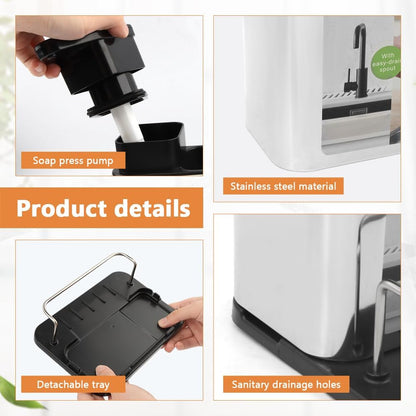 Soap Dispenser for Kitchen & Bathroom Sink, 3 in 1 Dish Soap Dispenser with Sponge Holder Dish Brush & Brush Holder, Stainless Steel Sink Caddy Organizer Kitchen Soap Dispenser Set Countertop