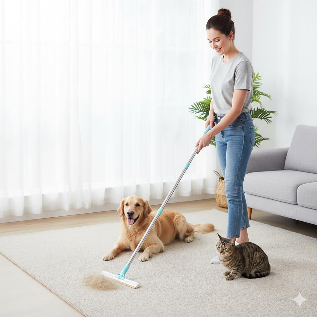 Carpet Rake for Pet Hair Removal 3-Section Dog Hair Remover Broom for Couch, Rug Fluffer for Matted Carpet, Reusable Tool for Furniture, Stairs & Car Interiors