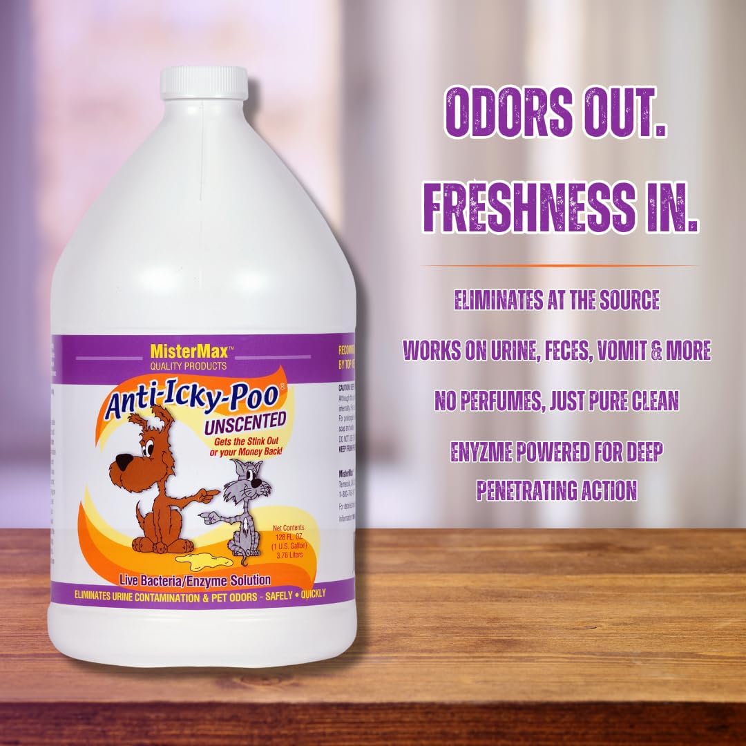 Mister Max Anti Icky Poo Pet Urine Enzyme Cleaner & Feces Odor Remover, Enzymatic Cleaner for Dog & Cat Urine, Pet Odor Remover Spray, 1 Gallon (Original Scent)