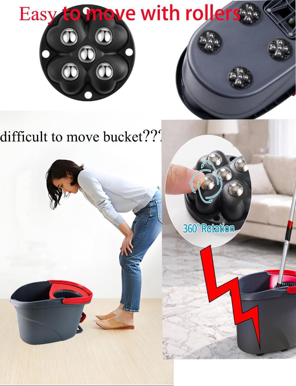 4 PCS Caster Wheels 360° Rollers Compatible with Ocedar Bucket,Self Adhesive Rollers for Mop Bucket,Kitchen Small Appliances,Trash Can,Black Color