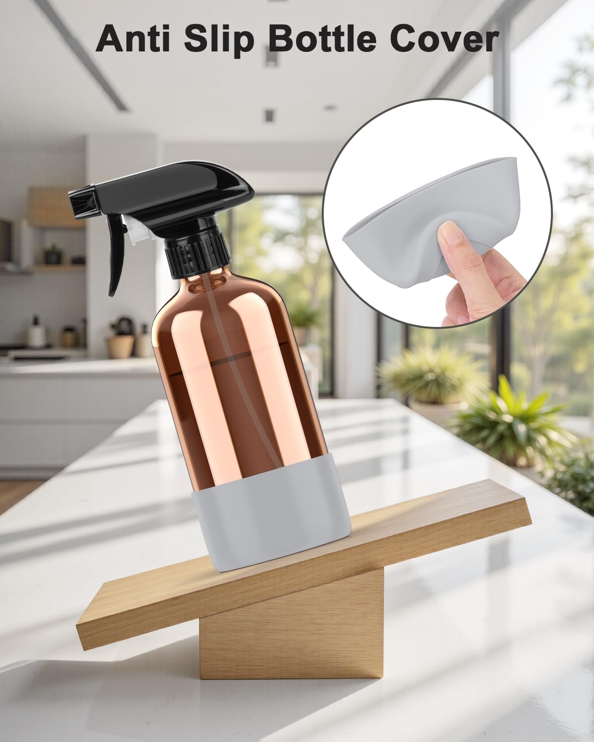 Bontip Amber Glass Spray Bottle with Silicone Sleeve Protection, 16 oz Refillable Spray Bottles for Cleaning Solutions, Plants, Aromatherapy, Facial Hydration (1, Black, 16 oz)