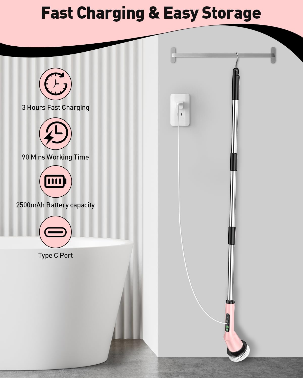 Electric Spin Scrubber for Cleaning Bathroom, Shower Scrubber Cordless Cleaning Brush with IPX7 Waterproof & 2 Speed, 3 Brush Heads, Bathroom Cleaning Supplies for Shower Tub Kitchen Tile Toilet White