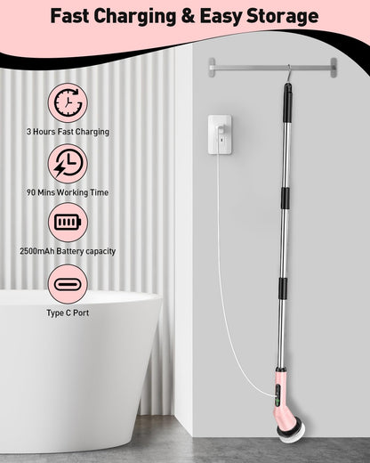 Electric Spin Scrubber for Cleaning Bathroom, Shower Scrubber Cordless Cleaning Brush with IPX7 Waterproof & 2 Speed, 3 Brush Heads, Bathroom Cleaning Supplies for Shower Tub Kitchen Tile Toilet White
