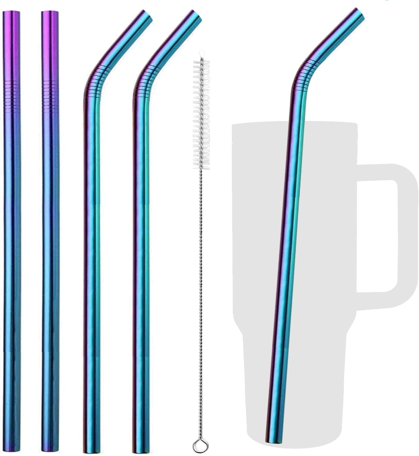 VEHHE Metal Straw Stainless Steel Straws Drinking Reusable Straws 4 Set -10.5" Ultra Long Rainbow Color-Cleaning Brush for 20/30 Oz for Yeti RTIC SIC Ozark Trail Tumblers (2 Straight|2 Bent|1 Brush)