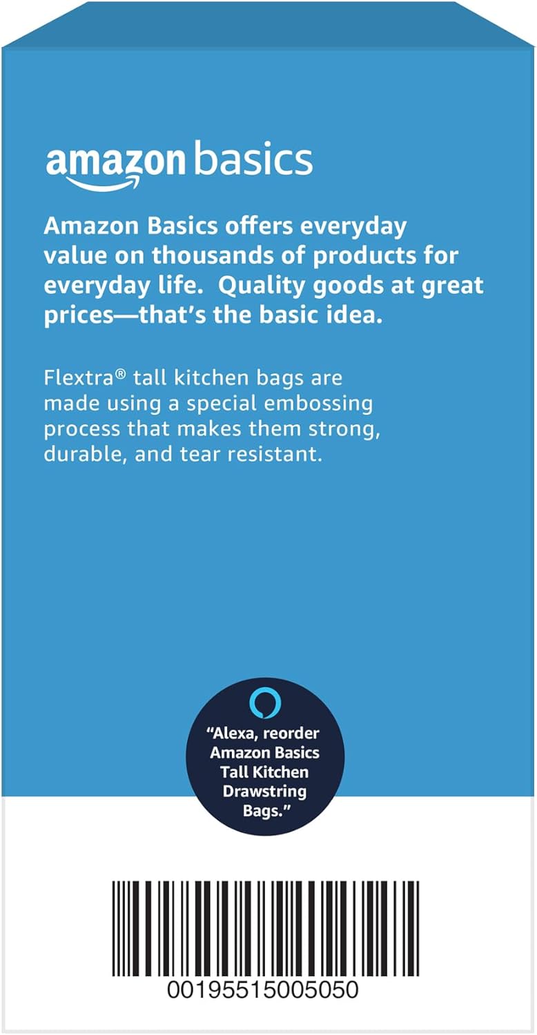 Amazon Basics Flextra Tall Kitchen Drawstring Trash Bags, 13 Gallon, 120 Count