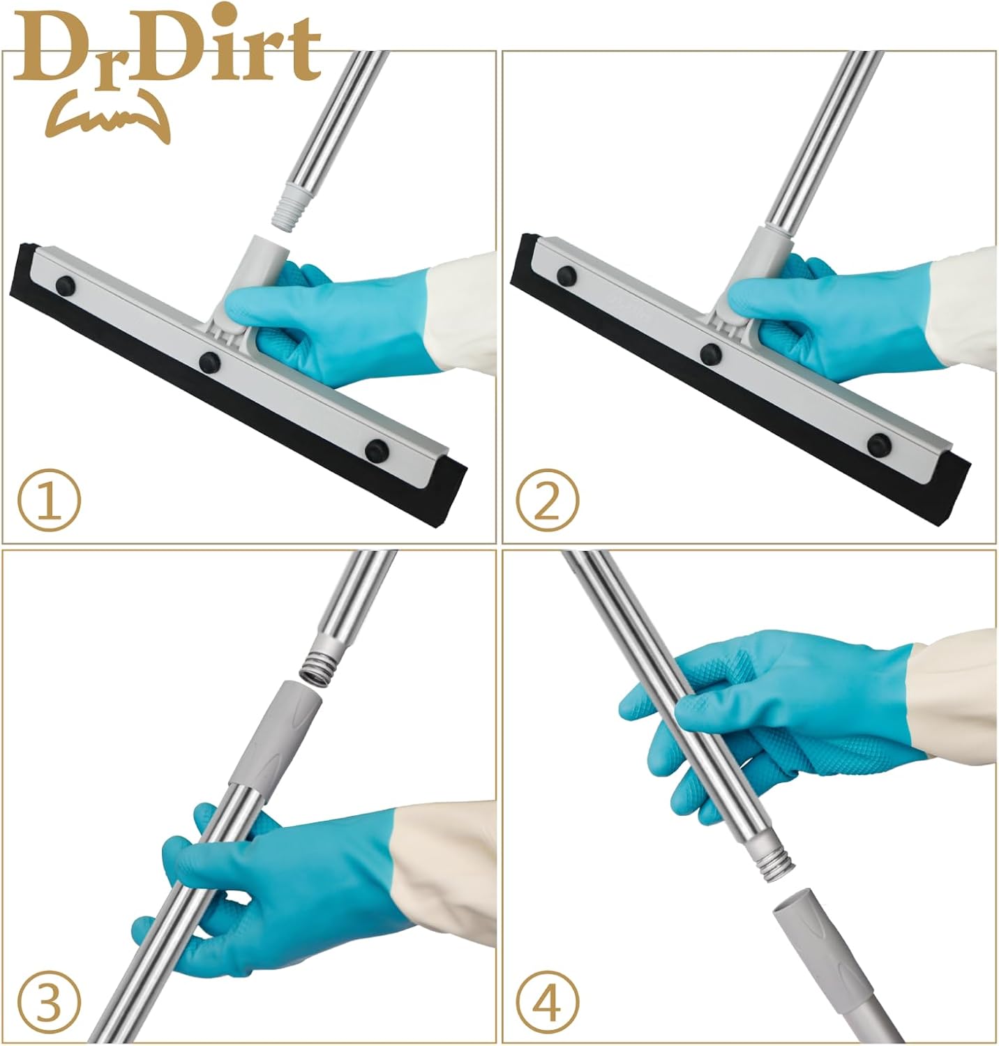 DrDirt Floor Squeegee with 14-Inch Swivel Head | 50-Inch Stainless Steel Handle and Replaceable Dual Foam Blades | Water Broom & pet Hair Remover | Ideal for Garage Tiles & Carpets