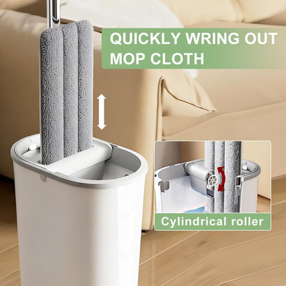 CQT Self-Wringing Mop and Bucket Set for Home Long Handle Flat Mop with 4 Washable Microfiber Pads