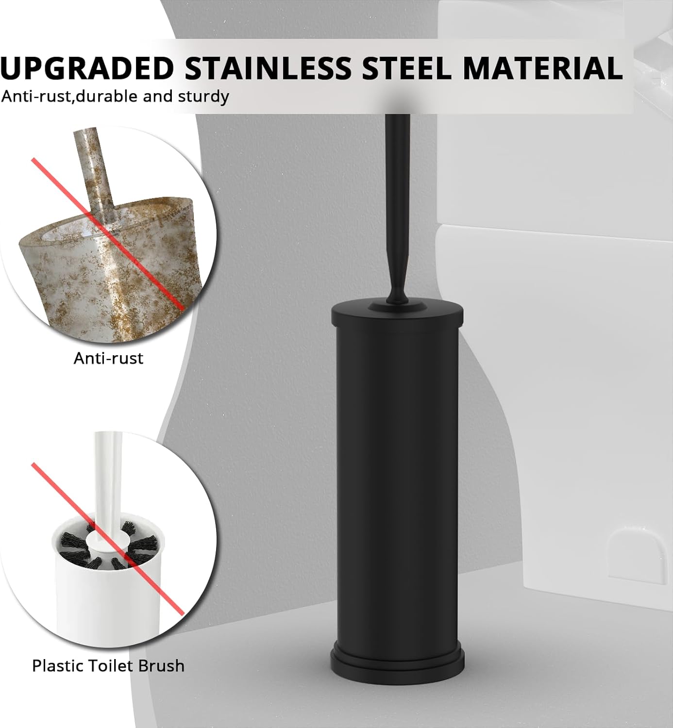 Premium 304 Stainless Steel Toilet Brush and Holder: Weighted Stable Base, Removable Inner Tube, Splash-Proof Design for 360° Thorough Cleaning & Space-Saving Storage,Nickel