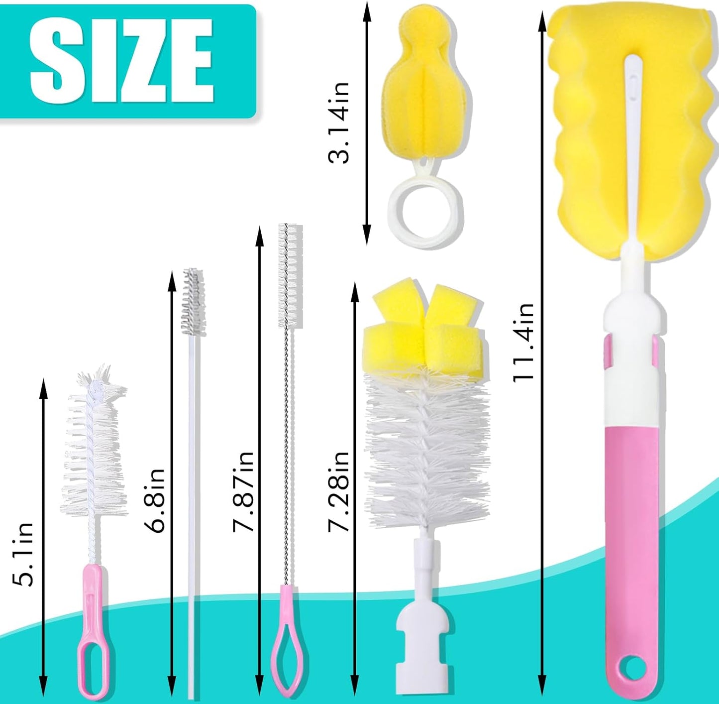 Baby Bottle Cleaning Brush 6-Piece Set Detachable Sponge Bottle Brush, Nylon Milk Bottle Brush, 2PCS Nipple Brush, 2PCS Straw Brush (Pink)