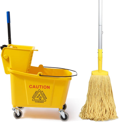 Mop Bucket with Wringer, 22 Qt (5.5 Gallon), Floor Cleaning, Handle, Wheels, 16.5" L x 10.6" W x 26.4" H, Yellow,Plus One Cotton Mop