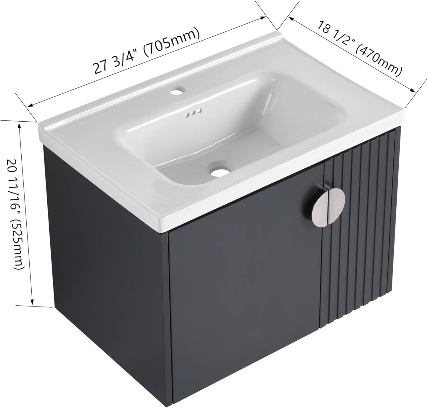 SSLine Modern 24-Inch Bathroom Vanity with Sink Wall Mounted Bathroom Vanity with Top Basin & Storage Cabinet White Wood Floating Vanity w/Ceramic Sink & Gold/Black Handles for Small Space