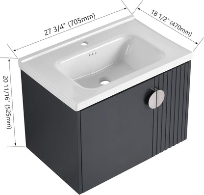 SSLine Modern 24-Inch Bathroom Vanity with Sink Wall Mounted Bathroom Vanity with Top Basin & Storage Cabinet White Wood Floating Vanity w/Ceramic Sink & Gold/Black Handles for Small Space