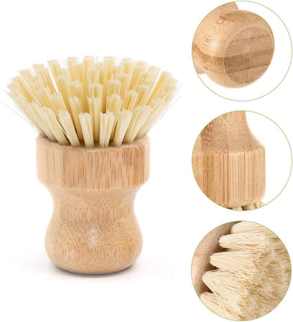 5 Pack Natural Bamboo Cleaning Brush Set, Pot Dish Scrub Brush with Handle and Flannel Bag Kitchen Brushes for Cast Iron Pots, Pans, Vegetable and Kitchen Cleaning