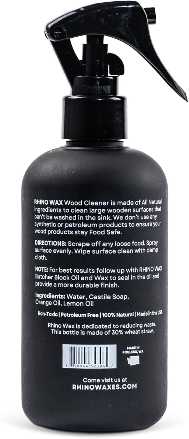 Rhino Wax Cutting Board Wood Spray Cleaner - Butcher Block and Large Wood Surface Spray-Cleaner - Food-Safe and Plant-Based Ingredients - Fresh Citrus Scent Eliminates Food Odors - Made in the USA