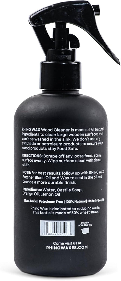 Rhino Wax Cutting Board Wood Spray Cleaner - Butcher Block and Large Wood Surface Spray-Cleaner - Food-Safe and Plant-Based Ingredients - Fresh Citrus Scent Eliminates Food Odors - Made in the USA