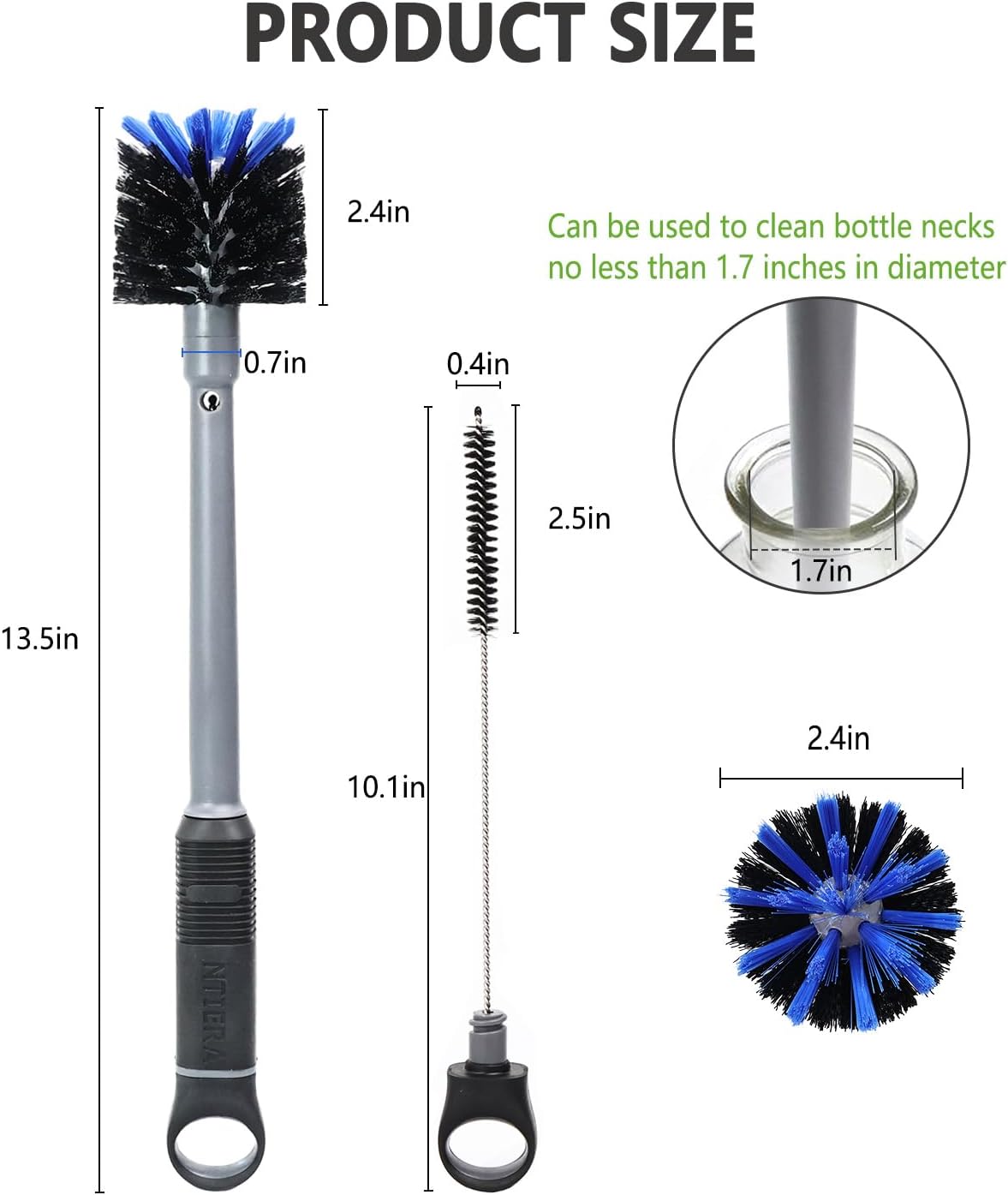 NTIERA 2-in-1 Bottle Brush Cleaner Kit Set,Long Water Bottle Cleaning Brushes,Hidden Straw Brush in Handle,BPA-Free Dishwasher-Safe,for Stanley & Owala Water Bottle,Baby Bottles Cup