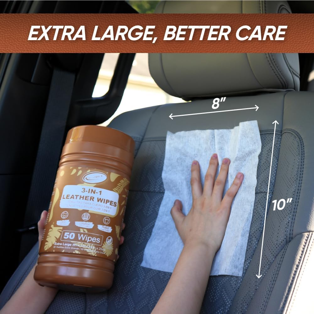 Air Jungles 3in1 Leather Wipes 50 Count, Extra Large 8" x 10" Size, Clean Condition Protect Wipes for Leather Car Seat, Furniture Couch, Shoes Boots Bags Purse Apparel