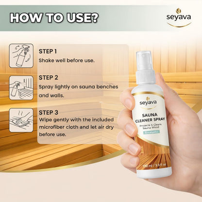 Sauna Cleaner Kit – 2-Pack (2 × 3.3 fl oz) Ready-to-Use Eucalyptus Spray + Microfiber Cloth – Natural Sauna Wood Cleaner & Deodorizer for Maintenance, Traditional & Infrared Saunas