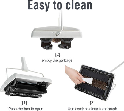 JEHONN Carpet Floor Sweeper Manual with Horsehair, Non Electric Quite Rug Roller Brush Push for Cleaning Pet Hair, Loose Debris, Lint (Black)