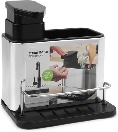 Soap Dispenser for Kitchen & Bathroom Sink, 3 in 1 Dish Soap Dispenser with Sponge Holder Dish Brush & Brush Holder, Stainless Steel Sink Caddy Organizer Kitchen Soap Dispenser Set Countertop