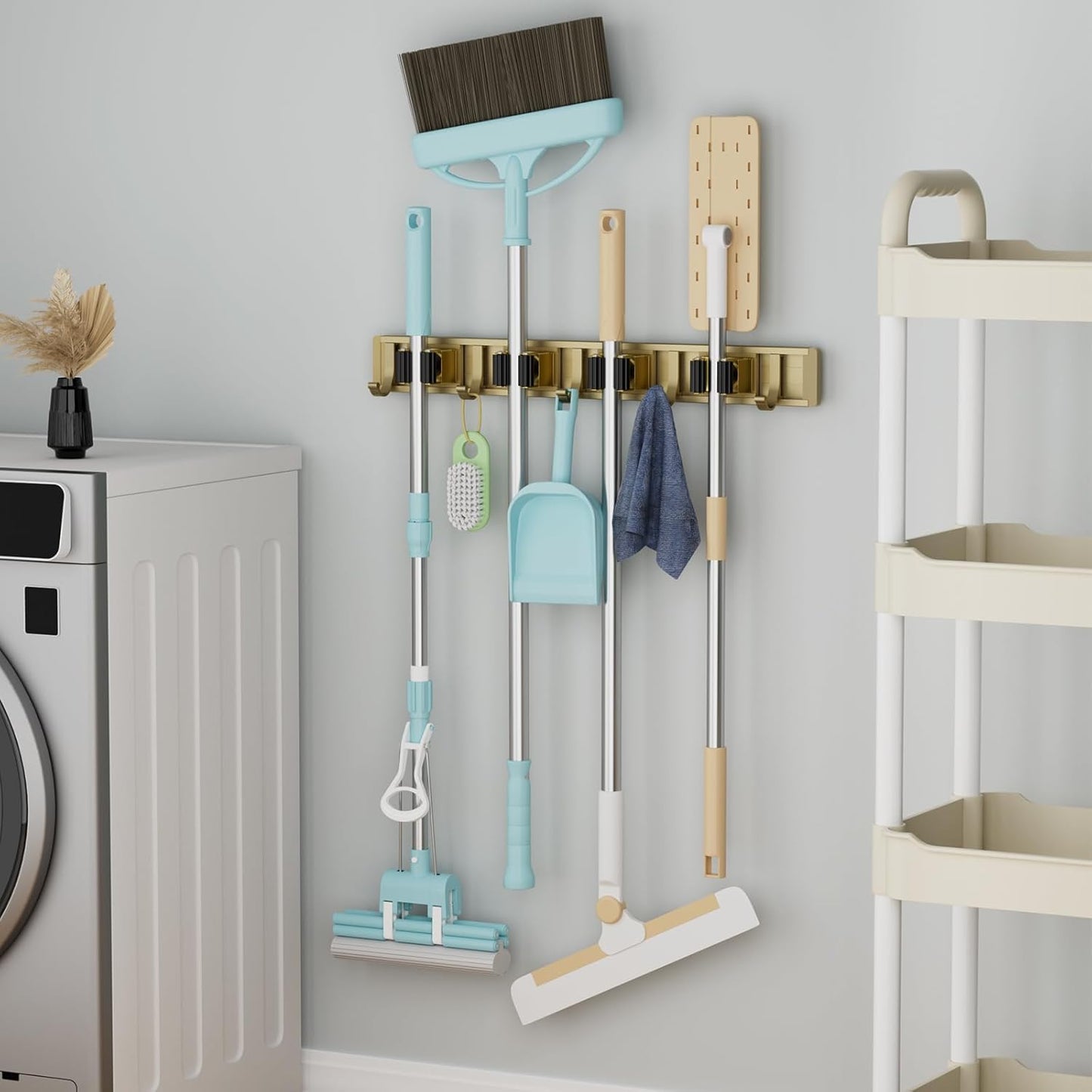 reliahom Adjustable Broom Holder Wall Mount, Mop Storage Tool Racks, Broom Hanger Tool Organizer for Garage, Kitchen, Garden, Laundry Room, 4 Racks 5 Hooks Silver