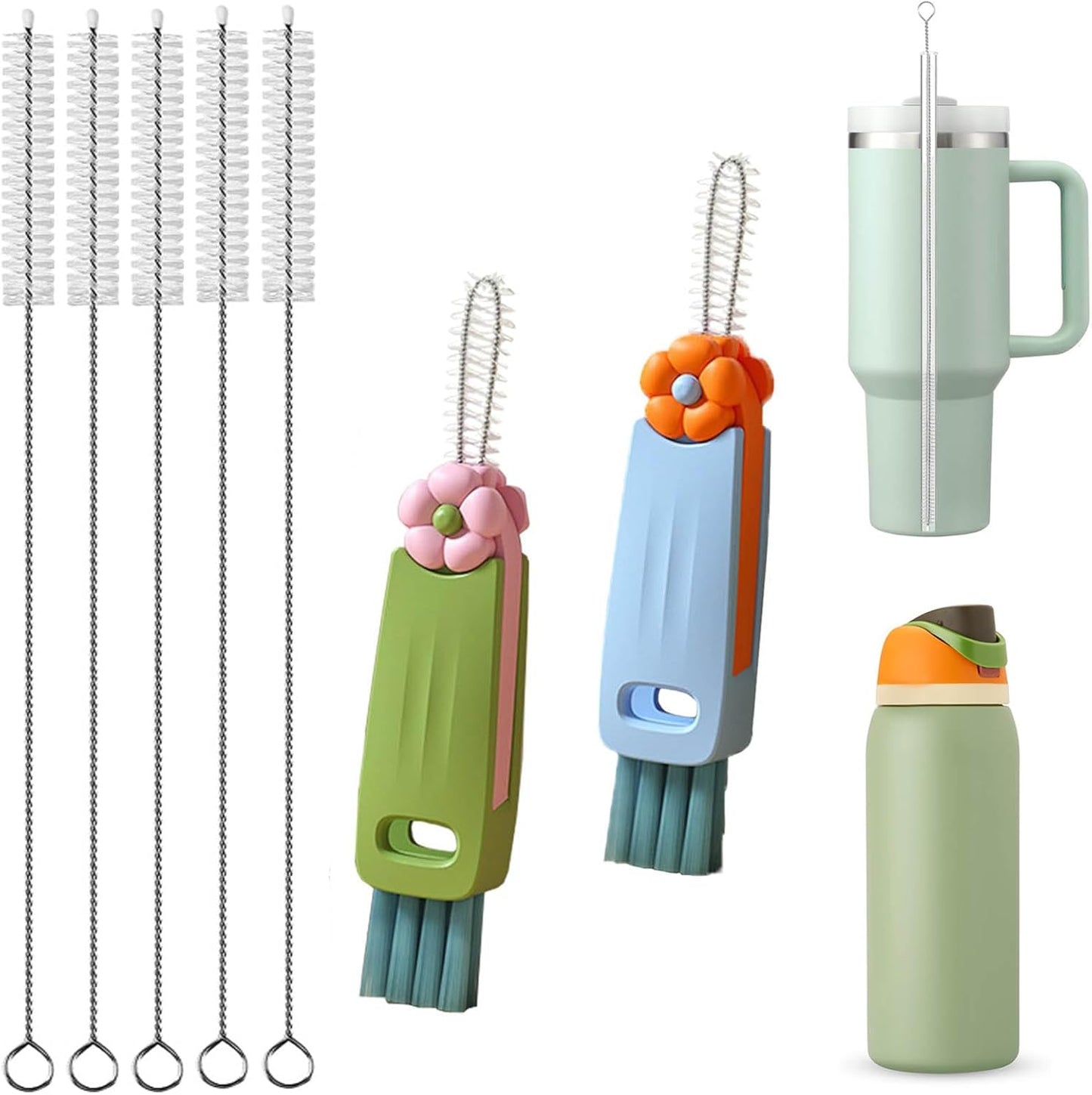 Straw Cleaner Brush Extra Long 13 inch Set for Stanley Owala Water Bottle 40 oz 32 oz 30 oz Tumble Cup Accessories Straw Brush with 3 in 1 Cup Lid Cleaning Brush (Green,Blue)