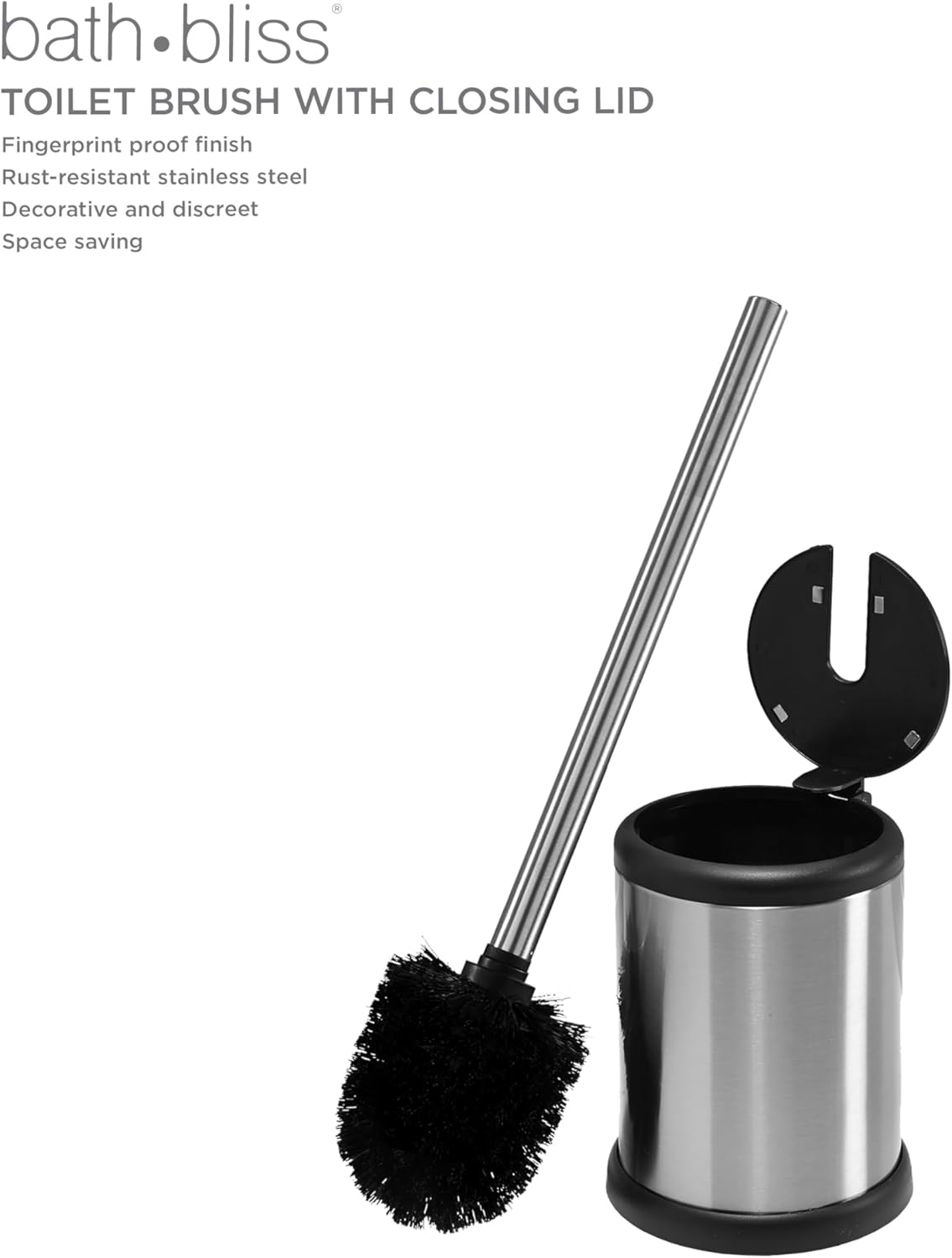 Bath Bliss Toilet Brush and Holder | Self Closing Lid | 360 Degree Brush Head | Bathroom Cleaning | Compact Size | Storage and Organization | Stainless Steel