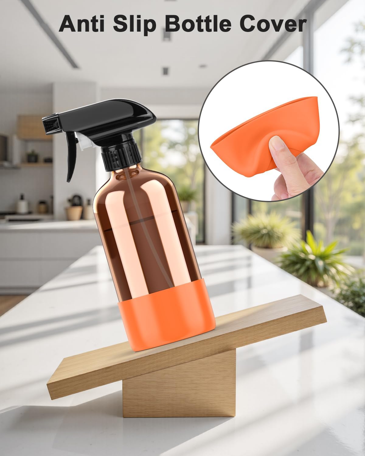 Bontip Amber Glass Spray Bottle with Silicone Sleeve Protection, 16 oz Refillable Spray Bottles for Cleaning Solutions, Plants, Aromatherapy, Facial Hydration (1, Black, 16 oz)