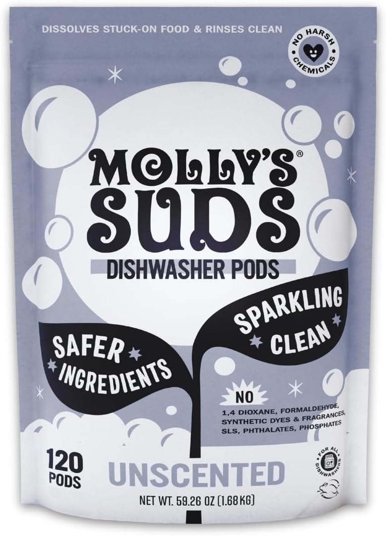 Molly's Suds Dishwasher Pods | Clean Dishwasher Detergent, Cuts Grease & Rinses Clean (Residue-Free) for Sparkling Dishes | 120 Auto-Release Tabs (Citrus)