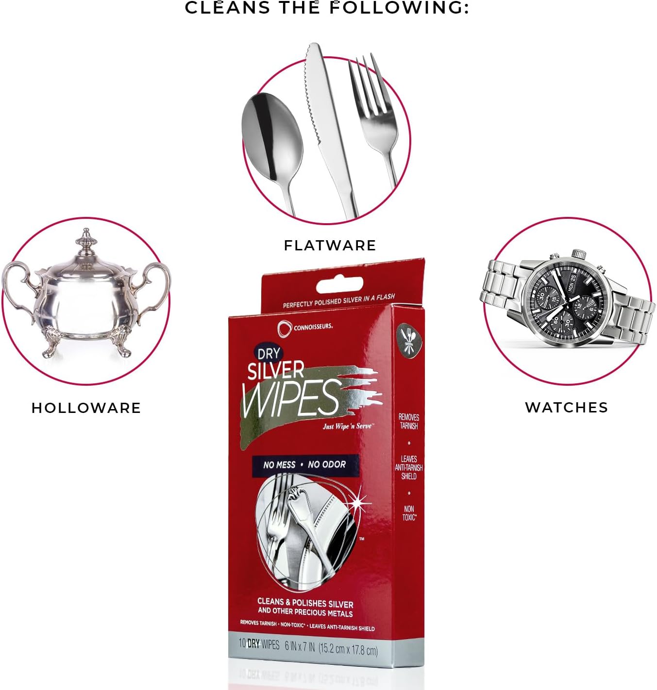 Connoisseurs Silver Cleaner Wipes for Sterling Silver Jewelry and Tableware - 10 Pack - Dry and Disposable - Remove and Prevent Tarnish