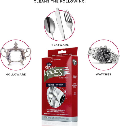 Connoisseurs Silver Cleaner Wipes for Sterling Silver Jewelry and Tableware - 10 Pack - Dry and Disposable - Remove and Prevent Tarnish